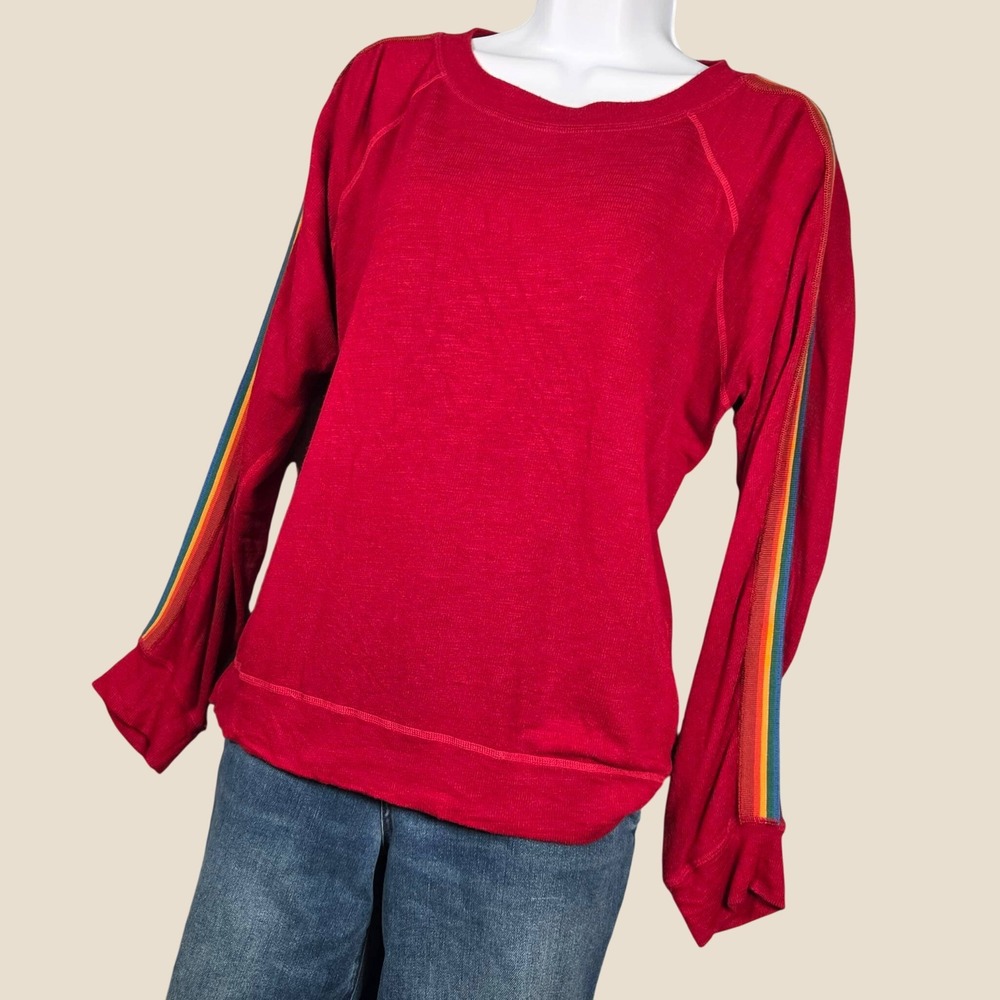 Monrow Women Small Sweatshirt Red Rainbow Stripe Sleeve Raglan Crewneck